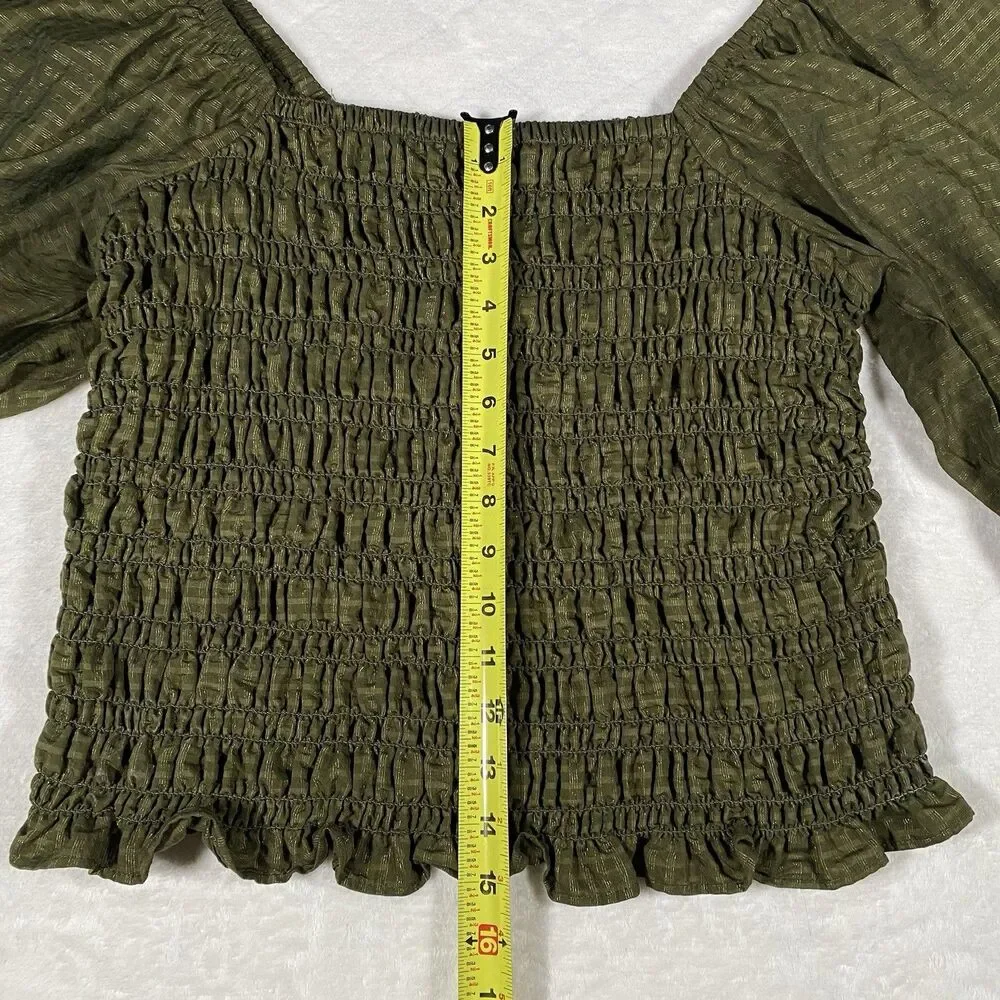 Old Navy Women's Lg Top Green Smocked Square Neck Puff Sleeve Milk Maid Cottage